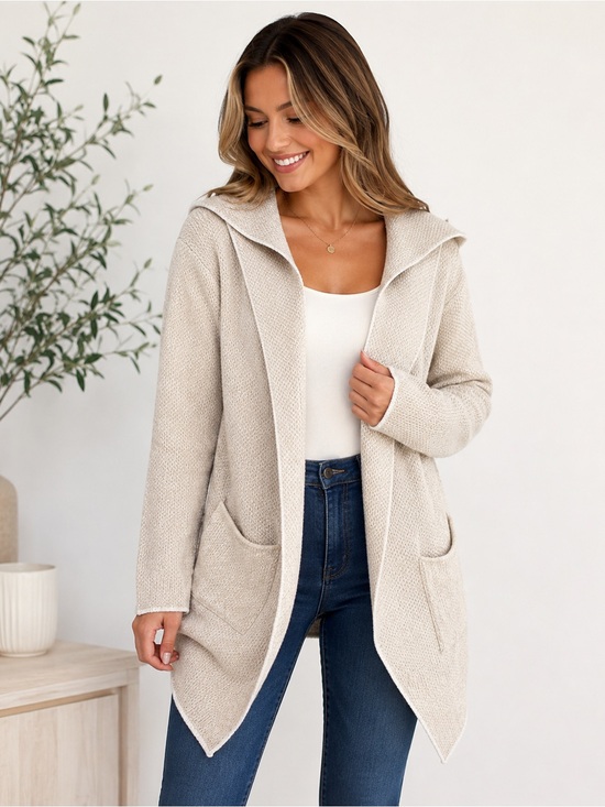 SHEIN Sweaters - SHEIN Beige Hooded Open-Front Knit Cardigan